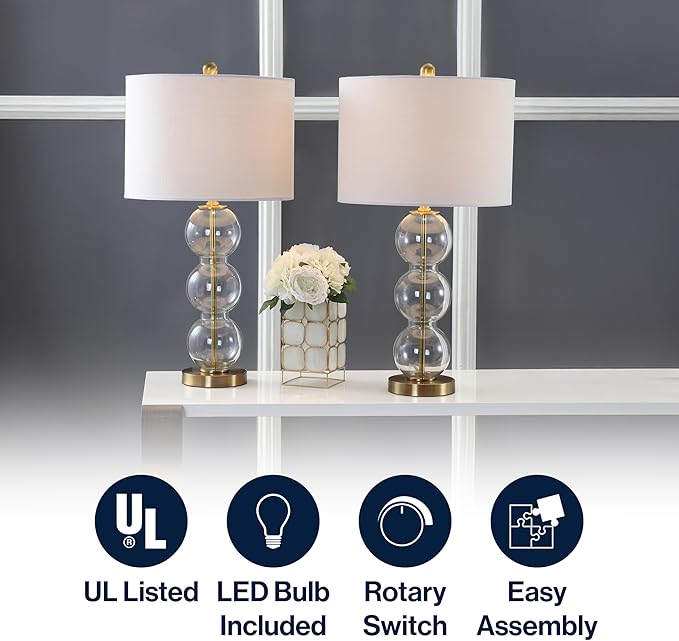JONATHAN Y 27" Clear/Brass Triple-Sphere Glass Table Lamp Set of 2, Bedside, White Linen Shade, Modern Table Lamps for Living Room, Bedroom, Office, LED Bulbs Included JYL1070A-SET2