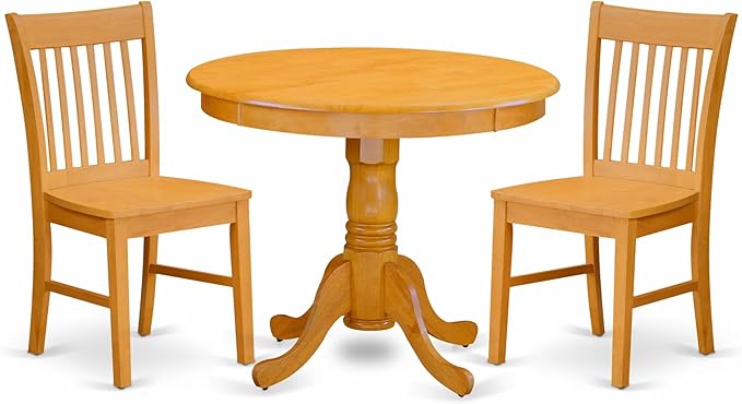East West Furniture ANNO3-OAK-W 3 Piece Dining Room Table Set Contains a Round Wooden Table with Pedestal and 2 Kitchen Dining Chairs, 36x36 Inch, Oak