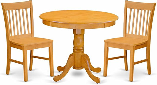 East West Furniture ANNO3-OAK-W 3 Piece Dining Room Table Set Contains a Round Wooden Table with Pedestal and 2 Kitchen Dining Chairs, 36x36 Inch, Oak