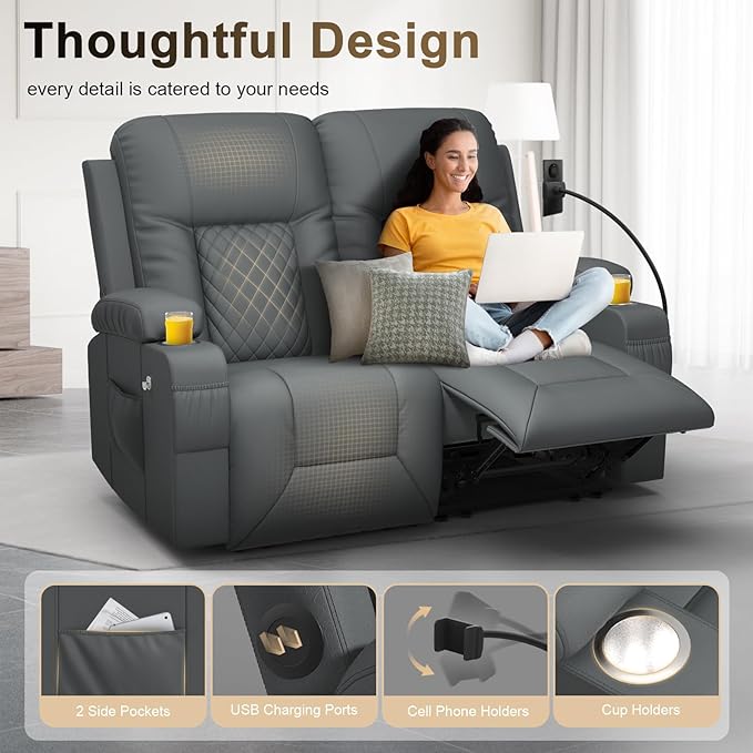 YONISEE Loveseat Recliner, Loveseat Recliner Sofa with Storage, Recliner Chair with USB Ports, 2 Cell Phone Holders, Cup Holder, Loveseat Couch for Living Room Home Theater Seating