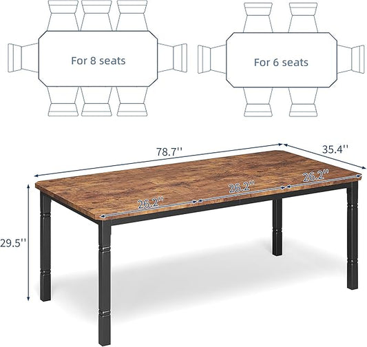 Garvee Large Dining Table for 6-8 People, 79" Wooden Kitchen Table with Sturdy Metal Frame, Dining Room Table for Dining Room, Kitchen, Black Leg & Retro