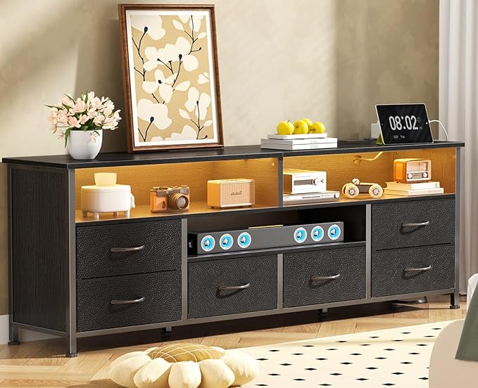 Furologee TV Stand for 65 70 Inch TVs, 63 Inch Entertainment Center Dresser for Bedroom, 6 Drawers Dresser with Power Outlets and LED Lights, Media Console with PU Leather Surface for Living Room