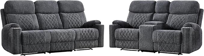 EBELLO Power Reclining Sofa Set, Fabric Electric Recliner Loveseat and 3 Seater Sofa Couch with Cup Holders, USB Type-C Charging Ports and Storage Space, 5 Seats for Small Living Room, Grey