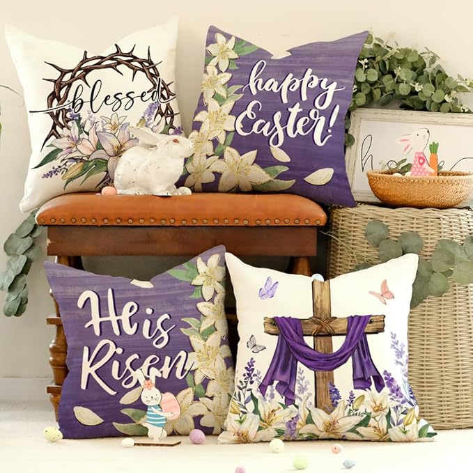 GEEORY Happy Easter He is Risen Throw Pillow Covers 16x16 Inch Set of 4, Cross Flower Wreath Blessed Spring Decorative Farmhouse Holiday Cushion Case for Home Decoration (Purple) G680-16