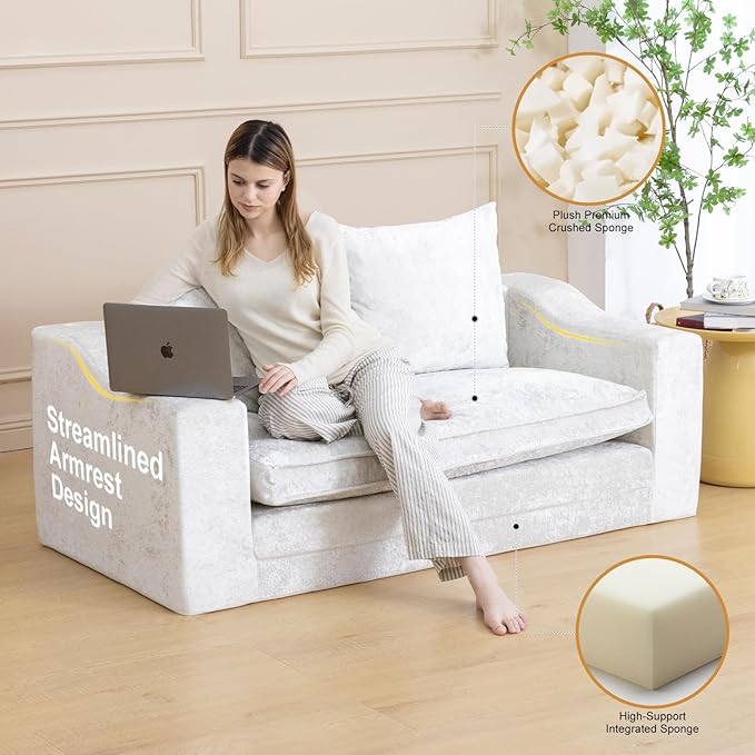 61" Convertible Sofa Bed Loveseat, Memory Foam Boneless Floor Couch with Removable Plush Velvet Cover, Tri-folding Compact Full-size Sleeper for Small Living Room, Playroom, Guest Room, RV (Off White) | Convertible Sofa Bed, Premium Memory Foam, Ergono...