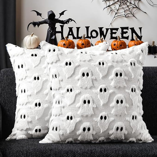 DFXSZ Halloween Pillow Covers 26x26 inch Set of 2 White Ghost Throw Pillow Cases Soft Plush Faux Fur Wool Couch Cushion Case for Chair Sofa Bedroom Living Room Home Decor PTK03A26