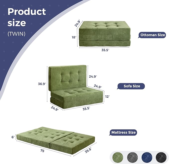 MAXYOYO Tri-Fold Mattress, 6 Inch Tufted Folding Mattress with Chenille Fabric, Portable Twin Size Floor Guest Mat for Adults, Foldable Topper for Camping, Green, 35.4"x75"