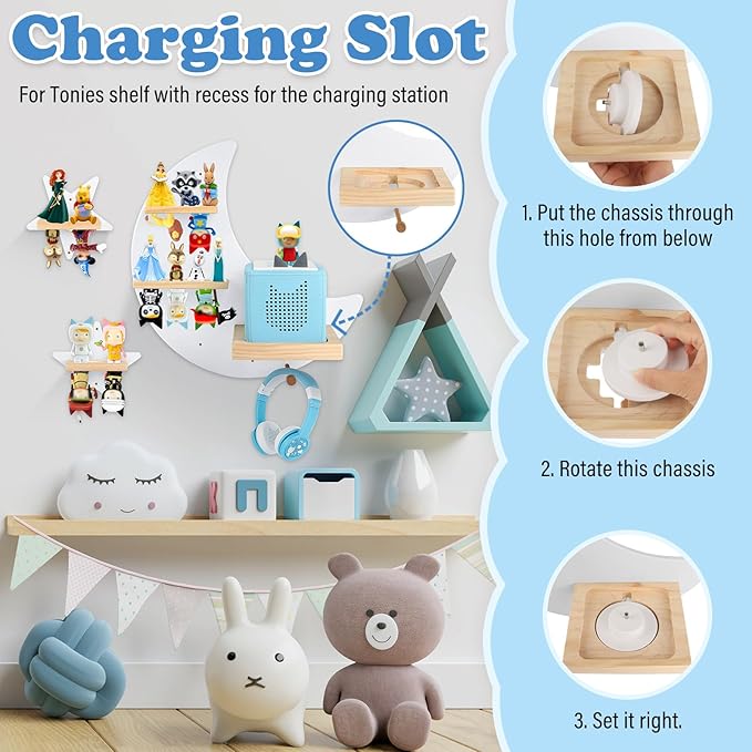 Moon + Stars for Toniebox 1/2 Tonies Figures Organizer Storage Shelf Wall Mounted, Magnetic Floating Shelves for Toniebox Player, Characters, Earphones, Display Collection 20~30 Characters (White)