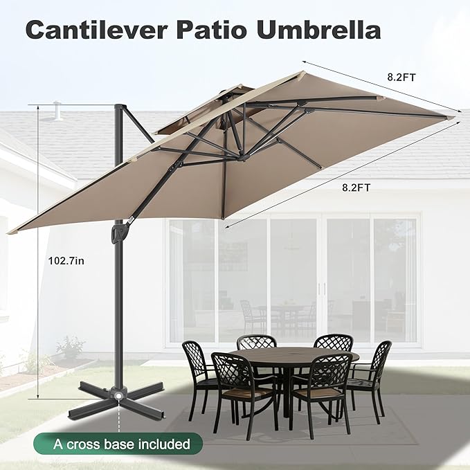 FLAME&SHADE 8.2 X 8.2 FT Cantilever Patio Umbrella - Large Offset Umbrella Outdoor Patio with 360-Degree Rotation and 3-Year Fade Resistance Fabric for Deck Pool Backyard Garden, Taupe