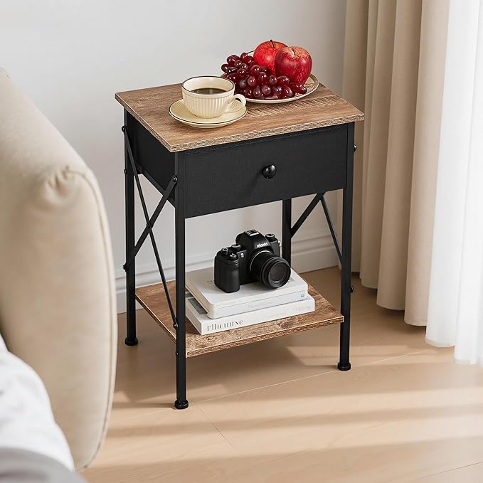 VECELO Nightstand, X-Design End Side Table with Fabric Storage Drawer and Open Shelf, Bedside Night Stand with Steel Frame for Bedroom, Living Room,Dorm, Easy Assembly,Walnut Brown