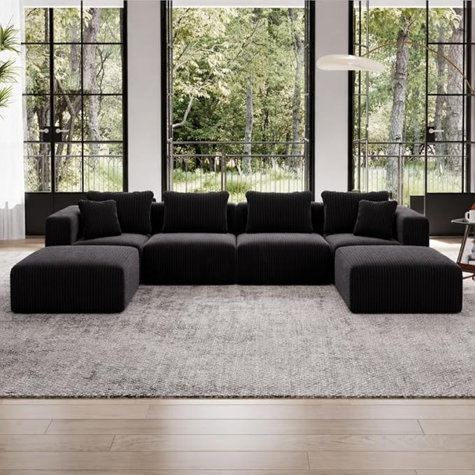 Avenco 141” U-Shaped Modular Sectional Couch Sofa with 2 Ottomans, Individually Wrapped Coil Support & Corduroy Fabric, Zero Assembly 6-Piece Set for Spacious Living Room, Black