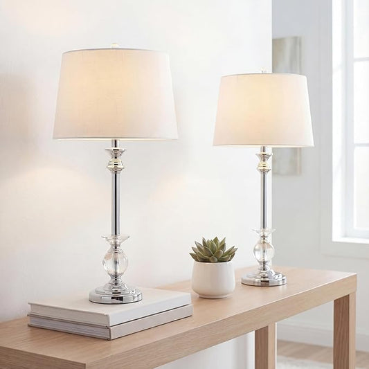 JONATHAN Y 33" Crystal and Chrome LED Table Lamp Set of 2, Contemporary Clear Metal Lamps for Living Room Bedroom, White Linen Drum Shade, LED Bulbs Included, UL Listed JYL2056A-SET2