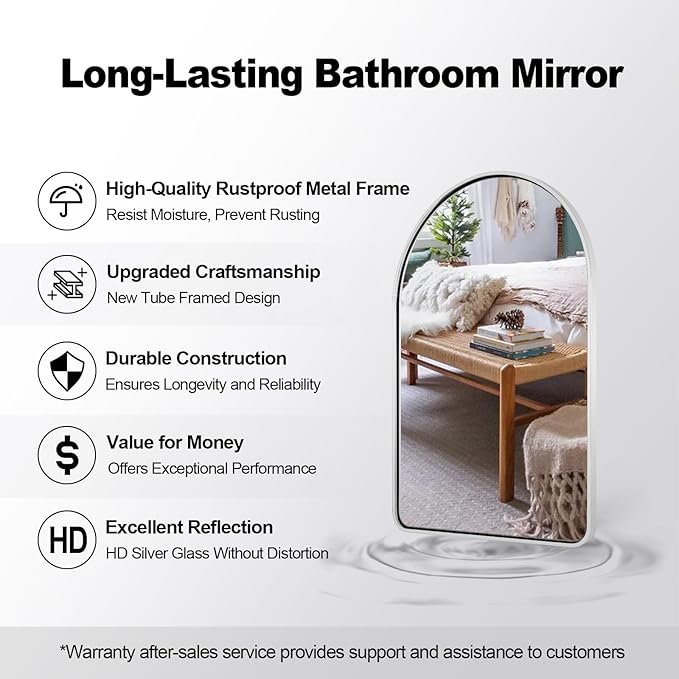 ANDY STAR 30x40’’ Chrome Arched Mirror, Polished Chrome Arched Bathroom Mirror, Arched Wall Mirror in SUS304-Anti-Rust Tube Frame, Wall Mounted Vertical 1'' Deep