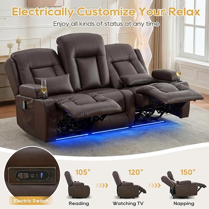 IPKIG Power Recliner Sofa with Flip-Up Backrest Console, USB & USB-C Ports, AC Outlet, LED Lights, Wall Hugger Recliners for Living Room, RV (Brown, 76.8" - 3 Seat) | Faux Leather, Zero Gravity, Dual Reclining, 2 Lumabr Pillow
