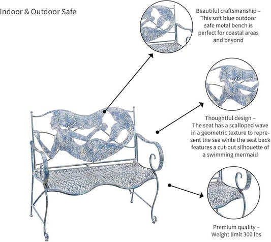 Evergreen Garden Mermaid Garden Bench Outdoors & Indoors | Cast Iron Metal Patio Bench | Outdoor Seating Furniture | Seats for Park, Porch, Deck, Yard