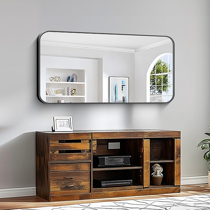 KOCUUY Black Bathroom Vanity Mirror, 24 x 48 inch Metal Frame Mirror with Rounded Corner, Rectangle Design of Upgraded Shatterproof Glass for Bathroom, Bedroom, Living Room, Entryway