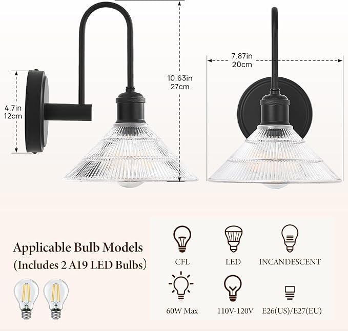 Wall Sconce Set of 2, Black Vintage Light Fixtures with Round Clear Glass Lampshade, Hardwired Sconces Wall Lighting for Bedroom, Bathroom, Living Room | Includes 2 LED Bulbs