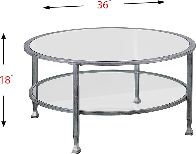SEI Furniture Jaymes Metal & Glass 36" Round 2-Tier Coffee Table, Silver/Black Distressing