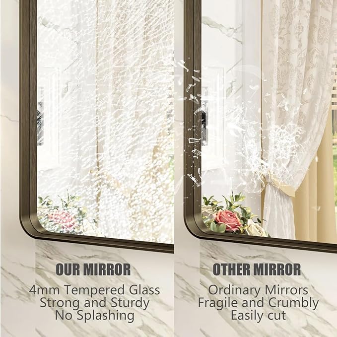 66x36 Inch Bronze Bathroom Mirror, Brushed Bronze Metal Frame Mirrors for Wall, Rounded Rectangle Bronze Mirror for Vanity,Farmhouse, Bedroom, Anti-Rust (Horizontal/Vertical)