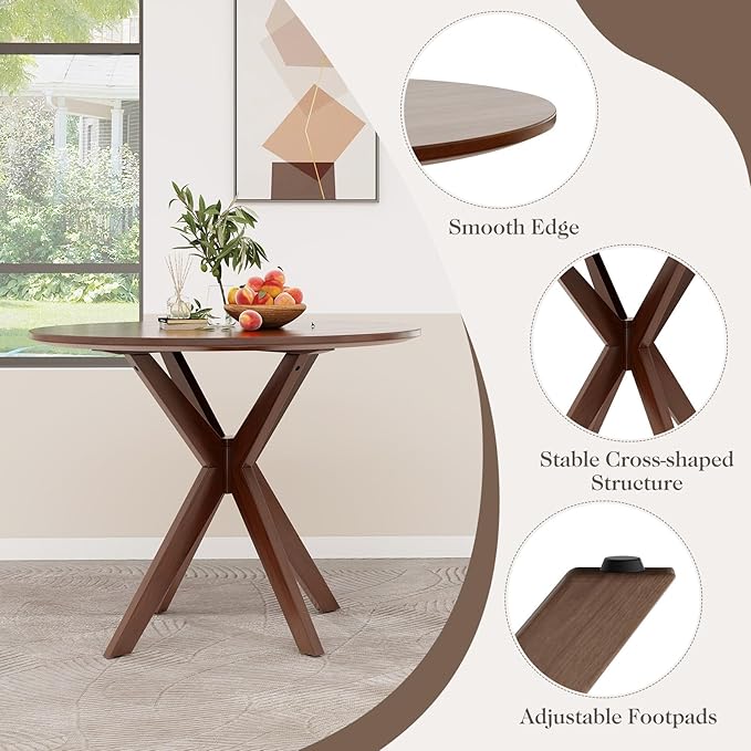 ERGOMASTER Round Dining Table, 36" Kitchen Table, Rubber Wood Legs, Brown