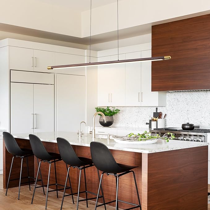 47.2" Wood Linear Pendant Light, Modern Dimmable LED Kitchen Island Lighting 3000K 20W Adjustable Hanging Chandelier for Dining Room Bar Office Walnut Color