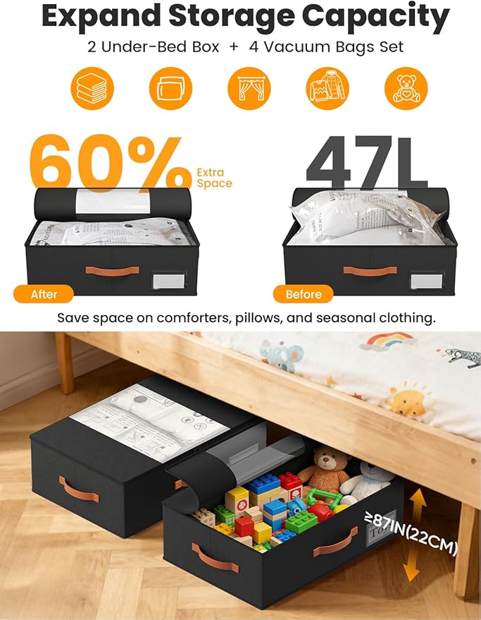 TOSKING 2-Pack Under Bed Storage Bins with Wheels and 4 Vacuum Seal Bags, Heavy Duty 80lbs Capacity, 7.9 Inch Clear Lid Organizer for Dorm Bedroom Clothes Shoes Toys, Quick Assembly Space Saver Black