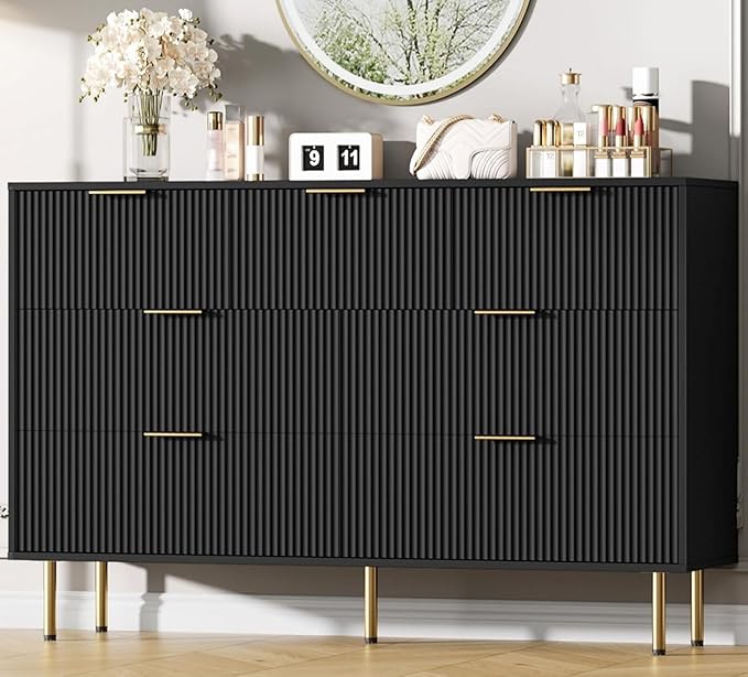 GAOMON 7 Drawer Dresser for Bedroom Chest of Drawers, 55" Wide Fluted Dresser with Drawers, Modern Wooden Double Dressers with Metal Handles for Living Room, Hallway