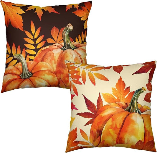 Fall Decor Pillow Covers 20x20 Set of 2 Orange Maple Leaf Pumpkin Outdoor Throw Pillow Covers Happy Fall Thanksgiving Pillows Decorative Throw Cushion Case for Home Couch Sofa