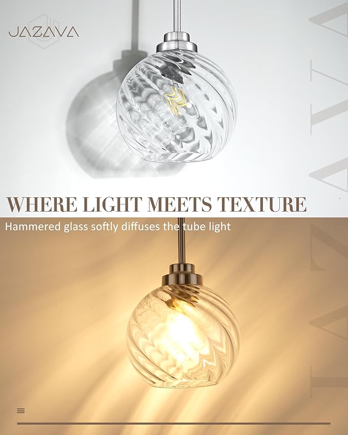 8 Inch Modern Farmhouse Pendant for Kitchen Island, Adjustable Height Hanging Fixture with Ribbed Glass, Brushed Nickel, Dining Room Entryway - PL101SBN-L