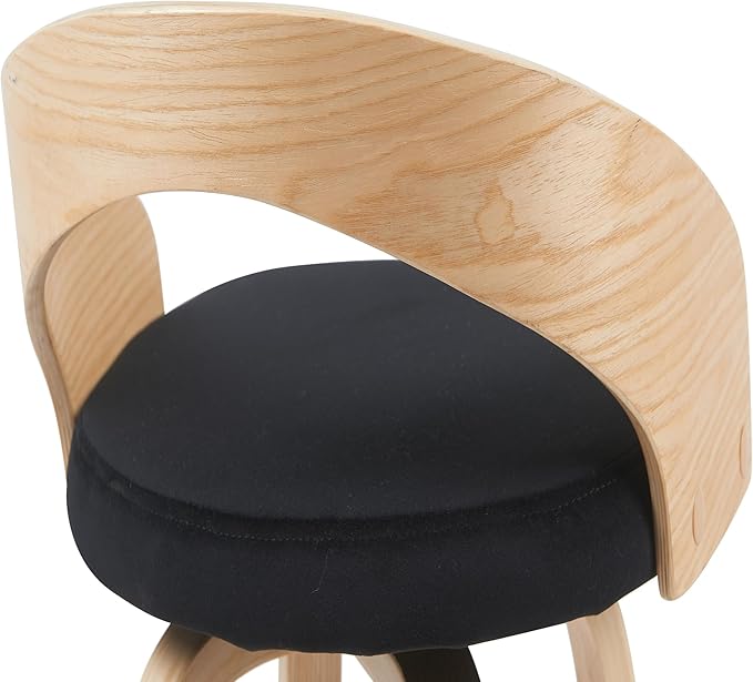 Sonia Modern Swivel Counter Height Bar Stool with Black Upholstered Seat and Patterned Oak Wood Finish Set of 4