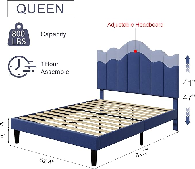 VECELO Queen Size Upholstered Platform Bed Frame with Adjustable Headboard, Wood Slat Support and Noise-Free, No Box Spring Needed, Easy Assembly, Blue