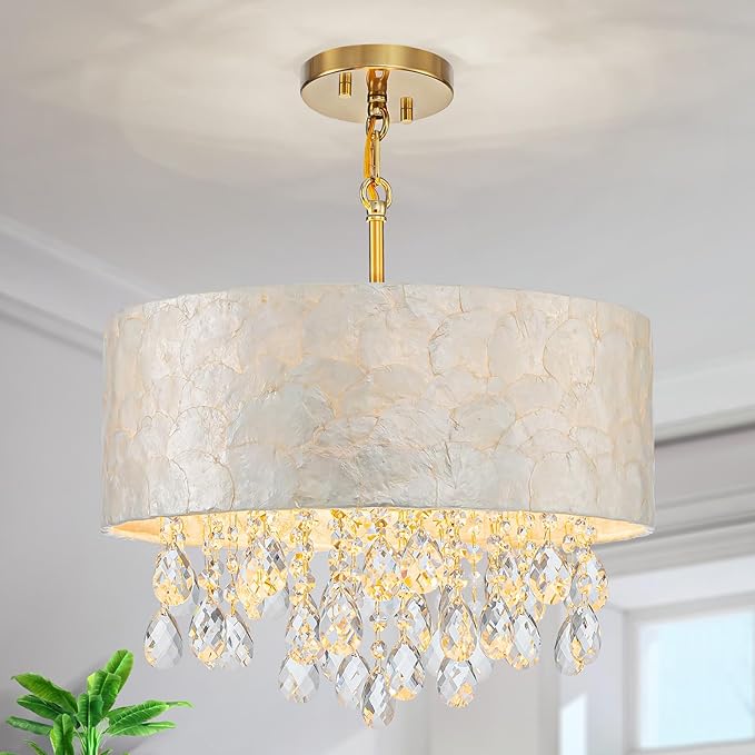 Medium Size 4-Light Drum Capiz Shell Crystal Chandeliers, Coastal Style Pendant Light Fixture for Dining Room, Living Room, D16 x 20~67"(Adjustable), Shell Lampshade & Gold Finish