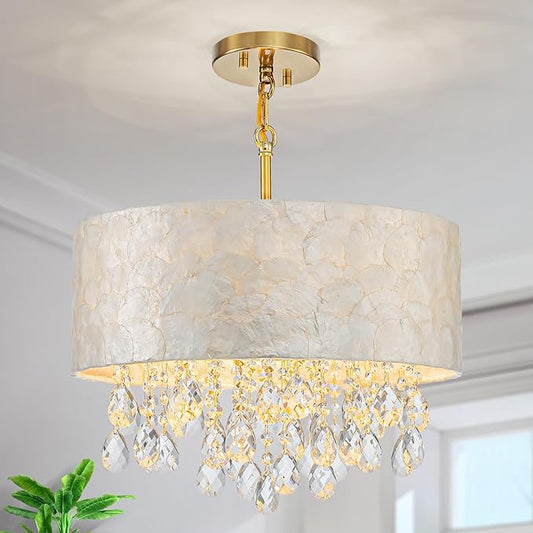 Medium Size 4-Light Drum Capiz Shell Crystal Chandeliers, Coastal Style Pendant Light Fixture for Dining Room, Living Room, D16 x 20~67"(Adjustable), Shell Lampshade & Gold Finish