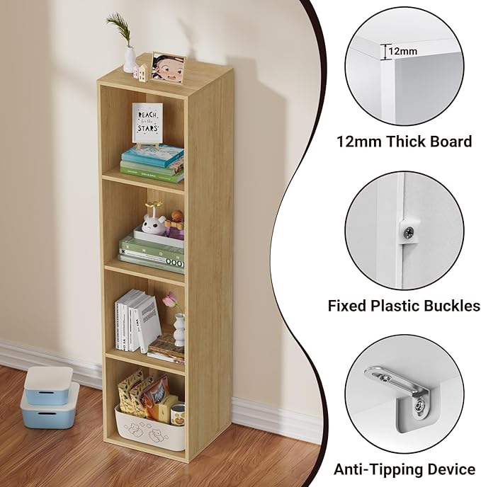 4 Tier Bookshelf, Freestanding Corner Storage Shelve Book Case for Narrow Space, 4 Cube Storage Organizer Small Bookcase for Home Office Living Room (Oak, 4 Cube)
