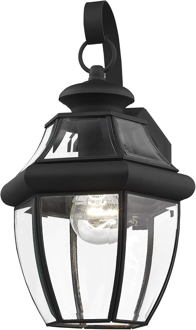 Livex Lighting 2151-04 Monterey 1 Light Outdoor Black Finish Solid Brass Wall Lantern with Clear Beveled Glass ("13"" x 8.5"" x 8.25""")