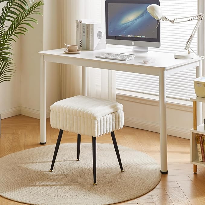Vanity Stool Chair, Faux Fur Ottoman Foot Stool, Flip Top Storage Makeup Ottoman with Soft Padded Seat, for Makeup Room, White YD-MS151W