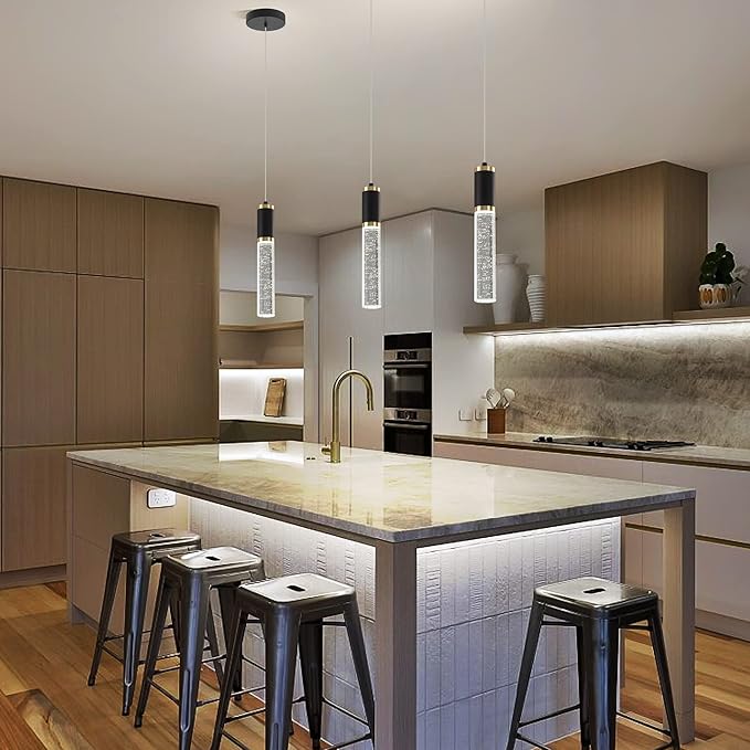 3-Pack Modern Crystal Pendant Light for Kitchen Island, Elegant Black Gold LED Bubble Hanging Chandelier Lighting Fixture for Dining Room Bedside