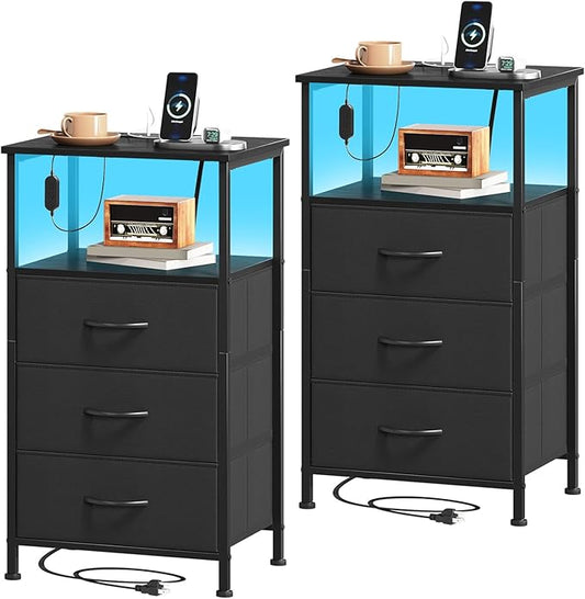 Somdot Nightstands Set of 2,Bedside Tables with Charging Station and LED Lights,Night Stand with 3 Fabric Drawers, End Tables with Open Shelf for Bedroom Living Room Entryway Hallway, Black