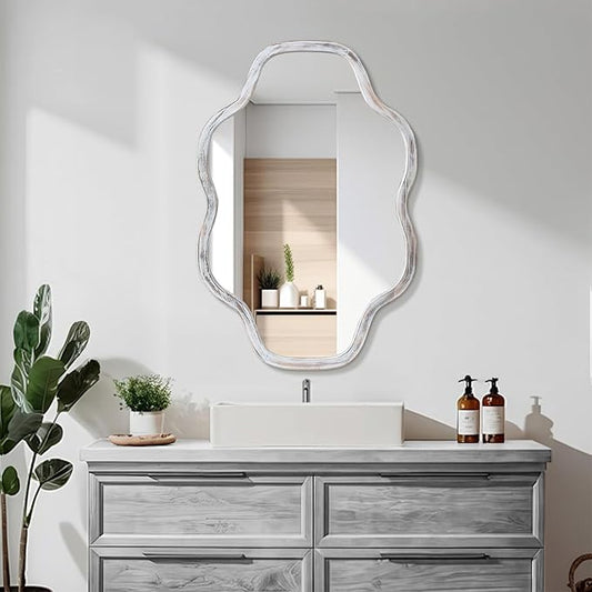ULIKE Wall Mirror 24"x36" White Wavy Natural Wood Frame – Irregular Cloud Shape Vanity Mirror for Bathroom Bedroom Living Room Entryway