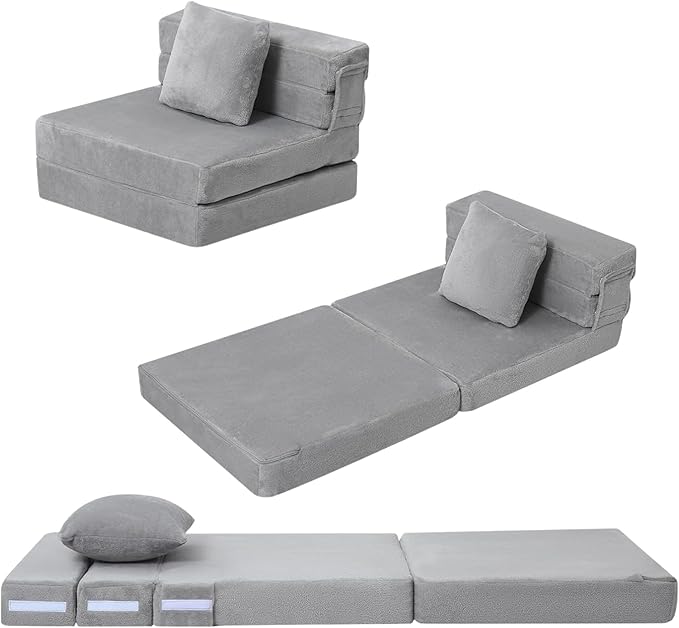 MeMoreCool Foldable Futon Chair Bed for Kids, Grey Tri-fold Convertible Toddler Sofa Mattress, Foam Floor Couch for Sitting