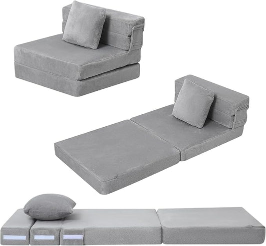 MeMoreCool Foldable Futon Chair Bed for Kids, Grey Tri-fold Convertible Toddler Sofa Mattress, Foam Floor Couch for Sitting