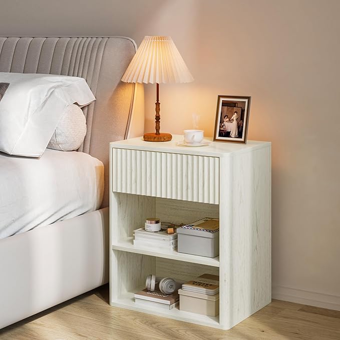 Nightstand Bedside Table Storage Drawer - Large Mid Century Modern Night Stand with Fluted Wood Storage Drawer and Open Shelf Bed Side Table for Bedroom Study Room, Ash White, Set of 1