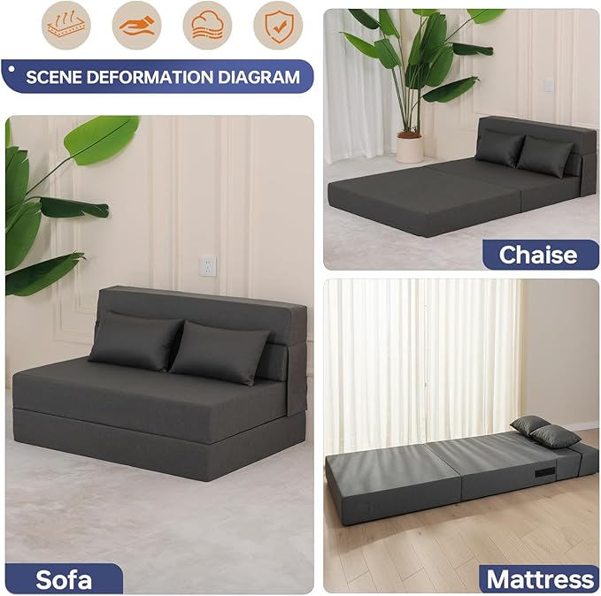 Fvkind Folding Sofa Bed, Foldable Sleeper Chair with Pillow, Convertible Fold Out Chair Bed with Washable Cover, Foldable Mattress for Living Room, Bedroom, Guest Room, Single Size, Dark Grey