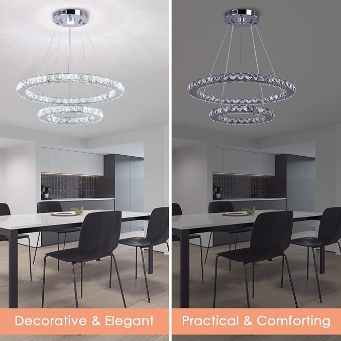 TongLan LED Modern Crystal Chandelier 19.7 x 11.8 inches Ceiling Pendant Light 2 Rings Adjustable Stainless Steel Lighting Fixtures Dining Room Living Room (White)