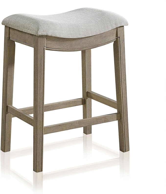 ROME + OAK Parker 26 Inch Counter Stool, Backless Saddle Kitchen Barstool in Reclaimed Oak Finish with Grey Fabric Upholstery Cushion Seat