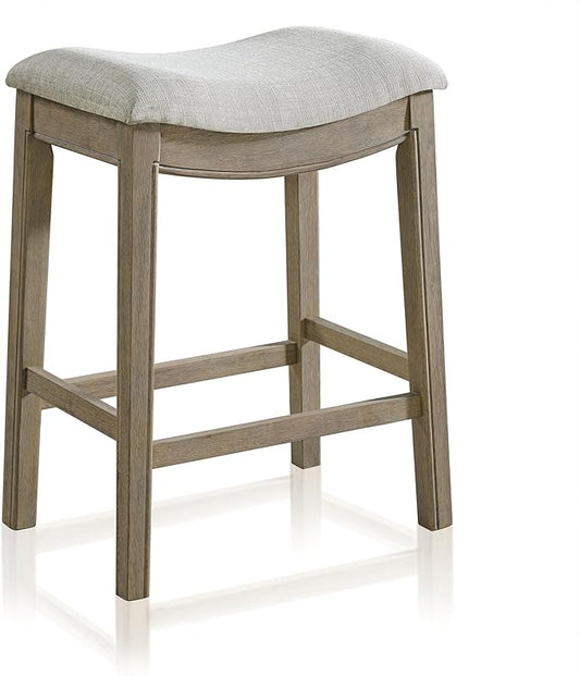 ROME + OAK Parker 26 Inch Counter Stool, Backless Saddle Kitchen Barstool in Reclaimed Oak Finish with Grey Fabric Upholstery Cushion Seat