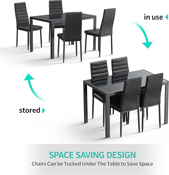 Gizoon 5 Piece Glass Dining Table Set, Kitchen and Chairs for 4, PU Leather Modern Room Sets for Home, Kitchen, Living Room