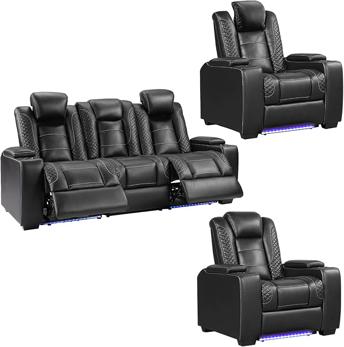 ANJ Power Recliner Sofa Set, Faux Leather Reclining Living Room Furniture Set, Included 2PCS Recliner Chair and 3 Seat Recline Sofa