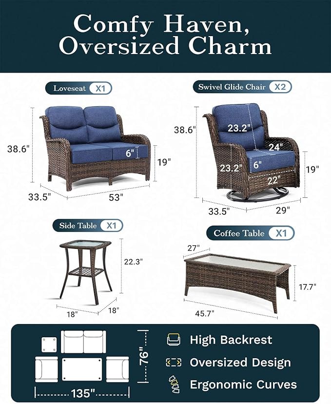 High Back Outdoor Furniture with Extra Thick Cushion Patio Swivel Rocking Chairs, Comfort Loveseat, 5PCS Oversized Wicker Conversation Set for Porch, Deck, Yard in Blue