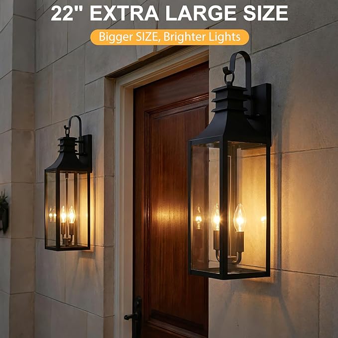 22" Large Outdoor Wall Lights, 2-Pack Black Porch Lights with Clear Glass, Waterproof Exterior Lighting Fixtures, E12 Socket Modern Farmhouse Wall Sconces Lantern for House Garage, Aluminum Frame